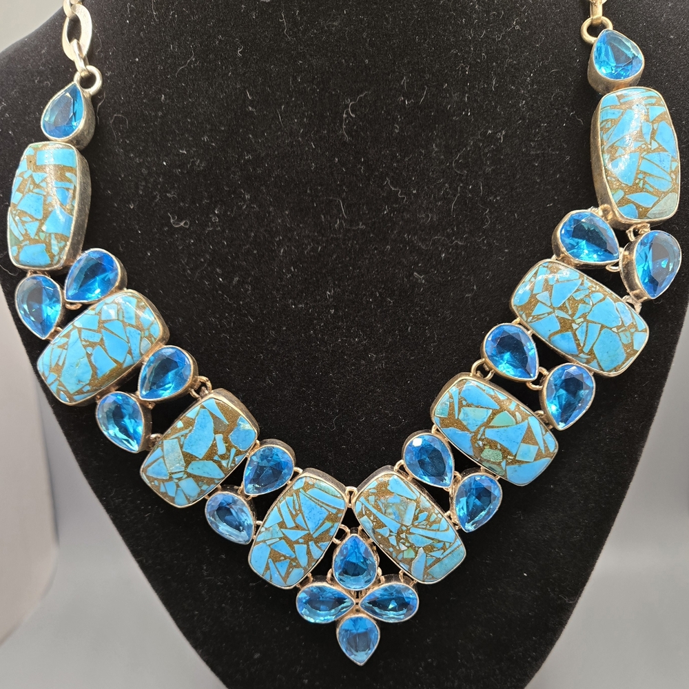 Sterling Blue Jadeite & Glass Necklace Set in Silver Bezels Chain Toggle Clasp